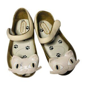 Mini Melissa Ultragirl Glitter Gold Kitty Cat Mary Jane Jelly Flats Shoes